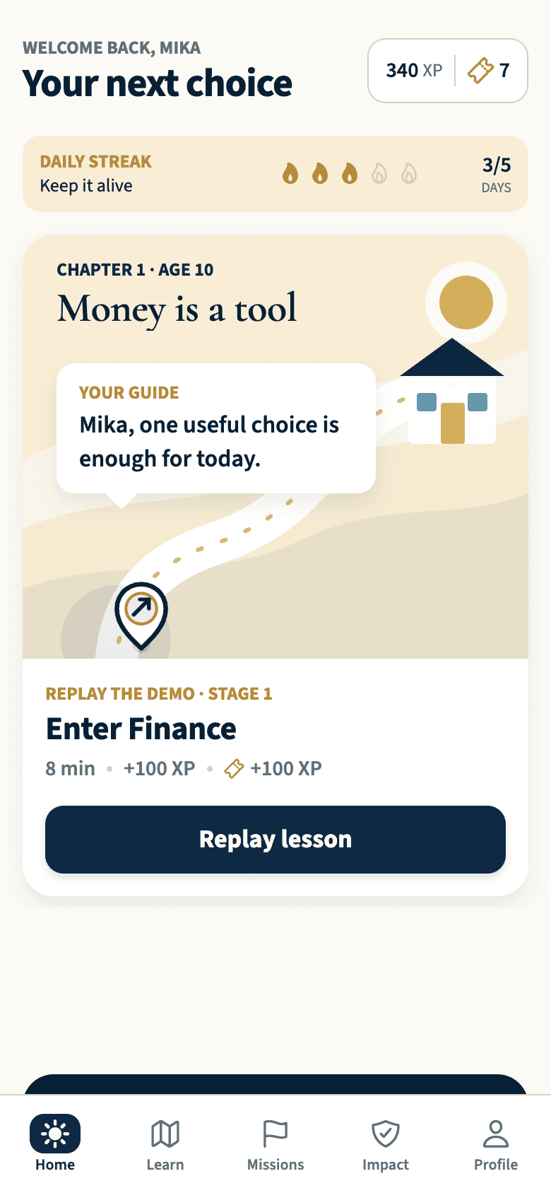 American Children Fund app home with 340 XP, seven draw tickets, and a three-day learning streak