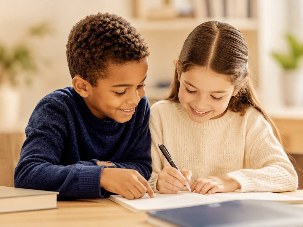 Two children studying together at a desk